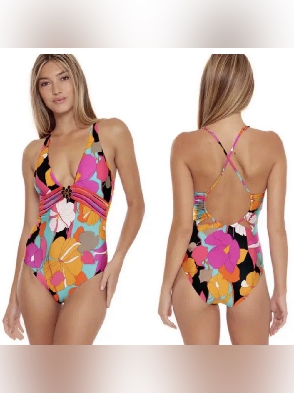 Trina Turk Gemini Plunge Neck Printed One Piece Swimsuit In Multi Sz 8